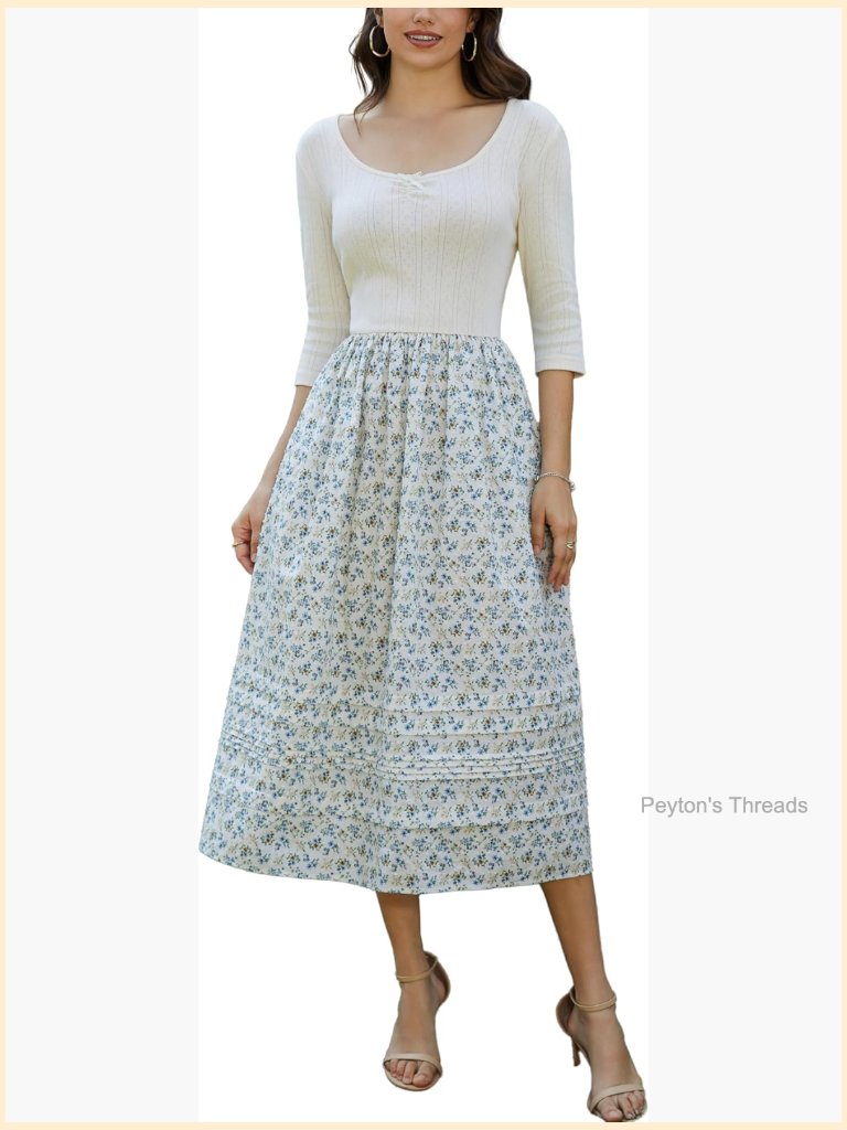 Summer Floral Midi Dress Crewneck 3/4 Sleeve Ribbed Knit Boho Tiered Flowy